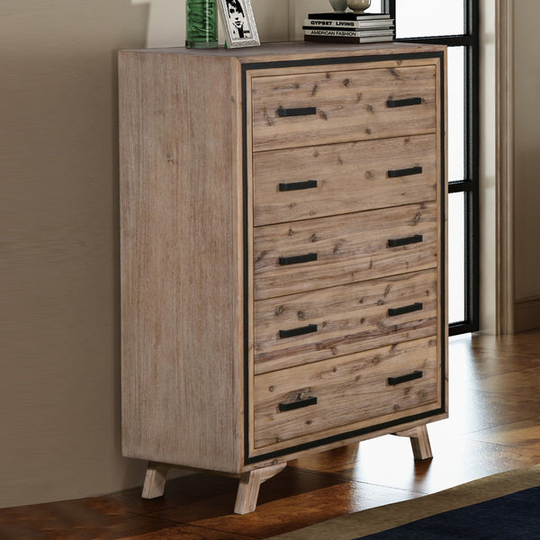 Dressers & Chests of Drawers Tallboy With 5 Storage Drawers Solid Acacia Wooden Frame In Silver Brush Colour