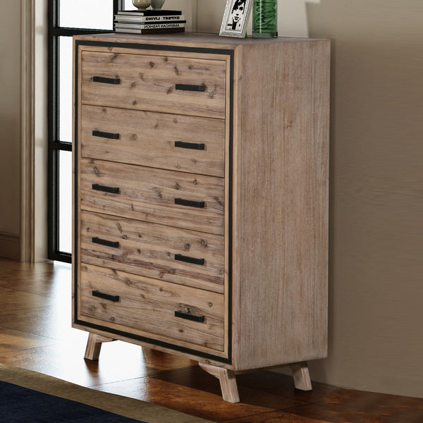 Dressers & Chests of Drawers Tallboy With 5 Storage Drawers Solid Acacia Wooden Frame In Silver Brush Colour