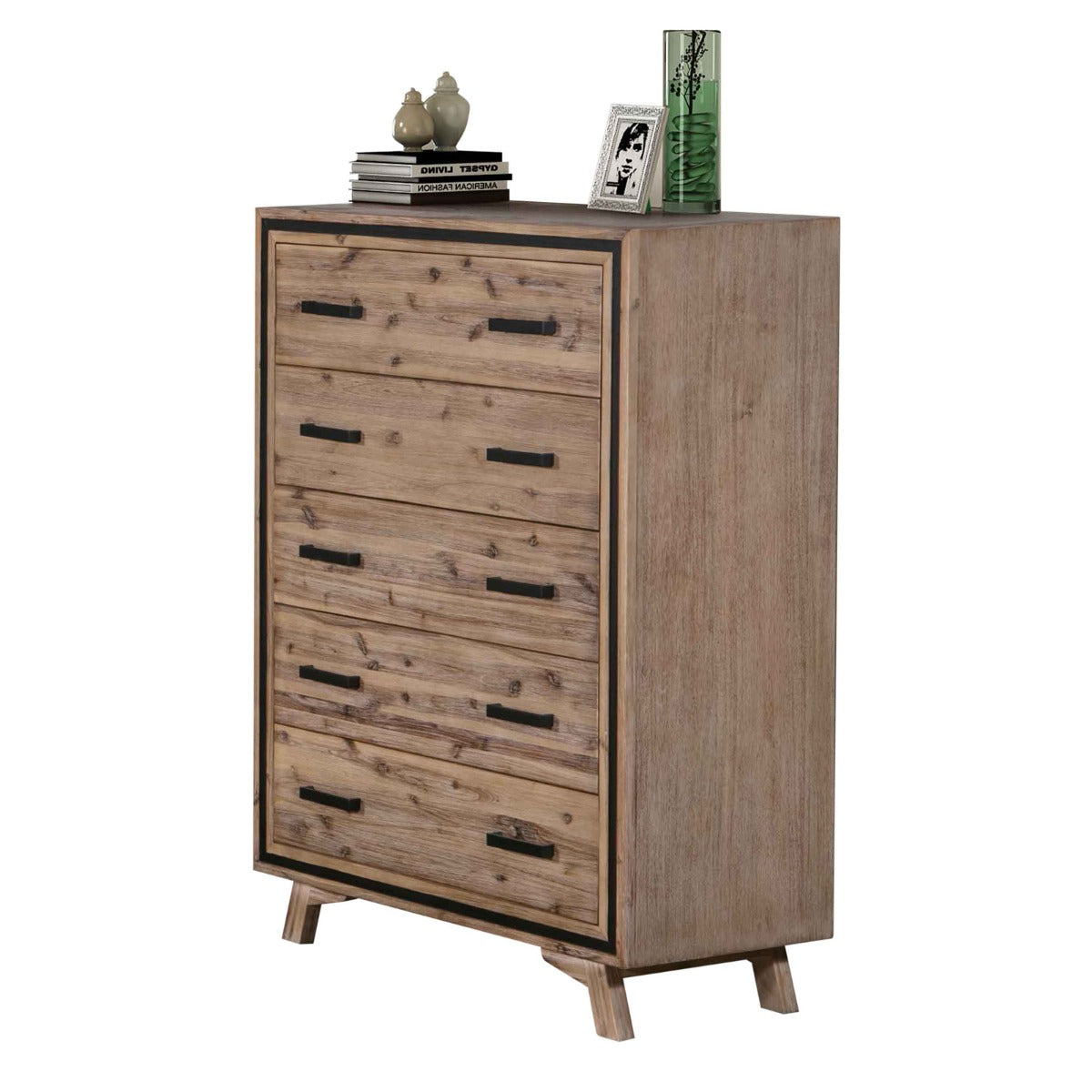 Dressers & Chests of Drawers Tallboy With 5 Storage Drawers Solid Acacia Wooden Frame In Silver Brush Colour