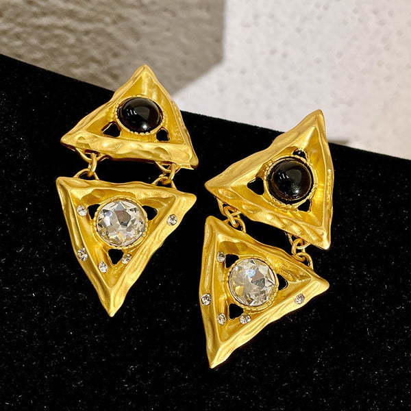 Earrings Middle Aged Crystal Hollow Diamond Triangle Embossed Geometric Design