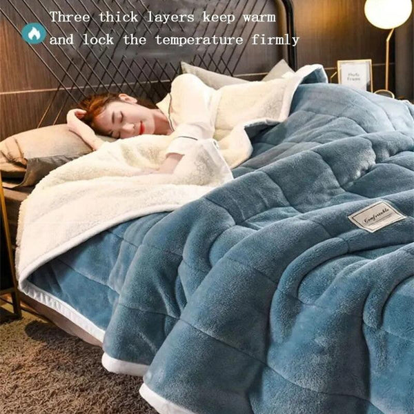 Blankets Light Blue Coral Fleece Blanket Warm 3 Layers Flannel Washable 180X200cm