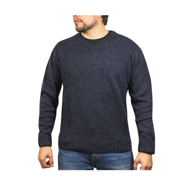 100% Shetland Wool V Neck Knit Jumper Pullover Mens Sweater Knitted - Navy (45)