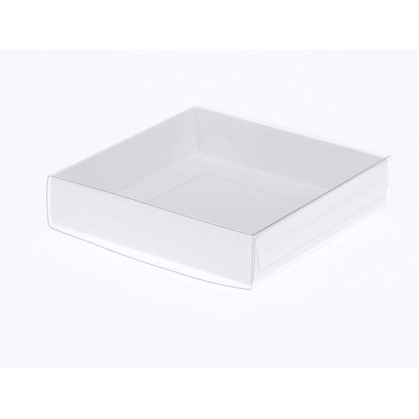 100 Pack Of 10Cm Square Invitation Coaster Favor Function Product Presentation Cookie Biscuit Patisserie Gift Box - 2Cm Deep White Card With Clear Slide On Pvc Lid