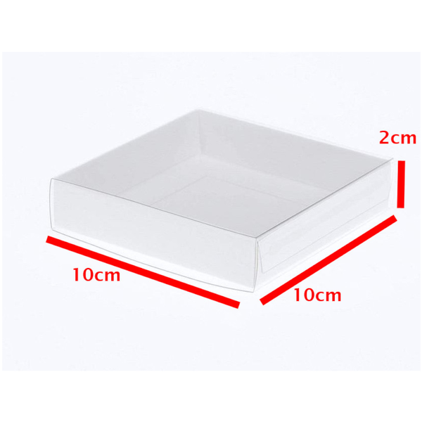 100 Pack Of 10Cm Square Invitation Coaster Favor Function Product Presentation Cookie Biscuit Patisserie Gift Box - 2Cm Deep White Card With Clear Slide On Pvc Lid