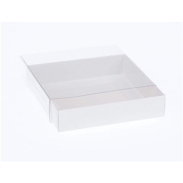 100 Pack Of 10Cm Square Invitation Coaster Favor Function Product Presentation Cookie Biscuit Patisserie Gift Box - 4Cm Deep White Card With Clear Slide On Pvc Lid