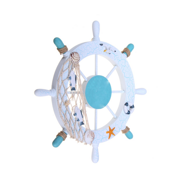 11'' Beach Wooden Boat Ship Steering Wheel Nautical Fish Net Shell Wall Decoration