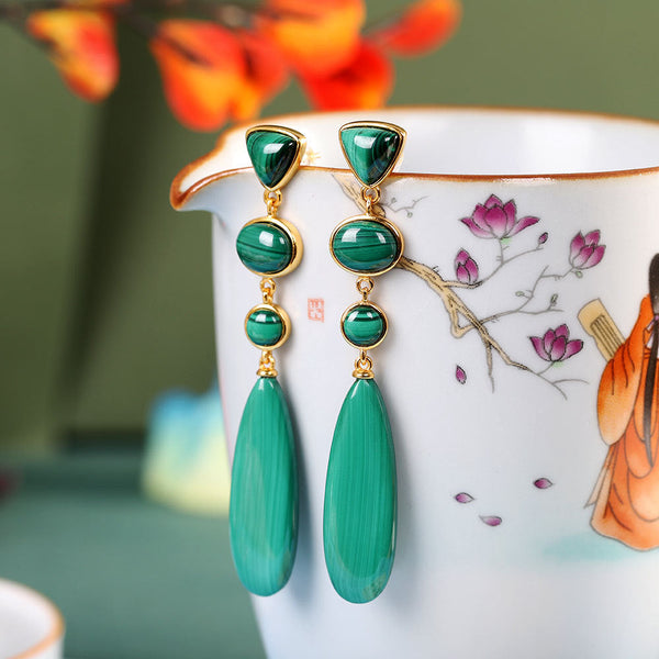 Earrings Slender Minimalist Women's Fashion With S925 Silver And Malachite