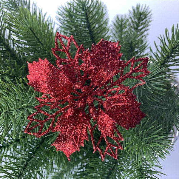 Seasonal Decorations 5Pcs Christmas Decoration Glitter Powder Flower Wreath Garland Pendant Red