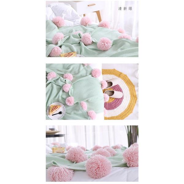 Blankets 130 X 160Cm Cozy Throw Light Green Pink Pompoms