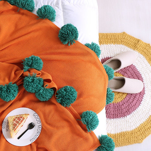 Blankets 130 X 160Cm Cozy Throw Orange With Green Pompoms