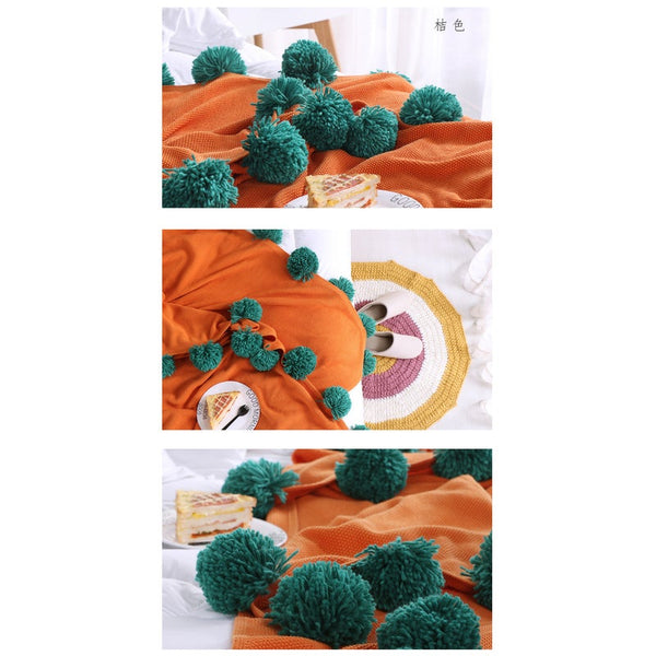 Blankets 130 X 160Cm Cozy Throw Orange With Green Pompoms