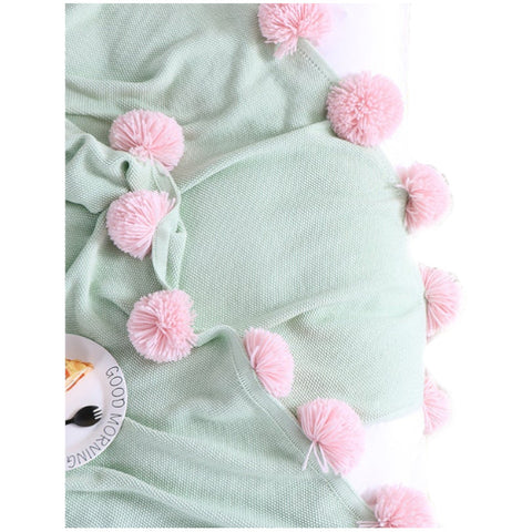 Blankets 130 X 160Cm Cozy Throw Light Green Pink Pompoms