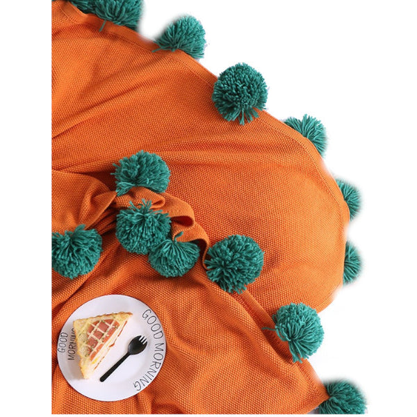 Blankets 130 X 160Cm Cozy Throw Orange With Green Pompoms