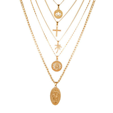 Necklaces & Pendants Retro Large Virgin Mary Golden Lotus Cross Multi Layer Pendant Necklace