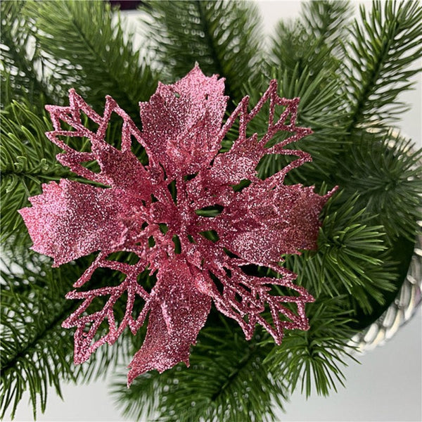 Seasonal Decorations 15Pcs Christmas Decoration Celebration Hollow Out Glitter Powder Flower Wreath Garland Pendant Pink