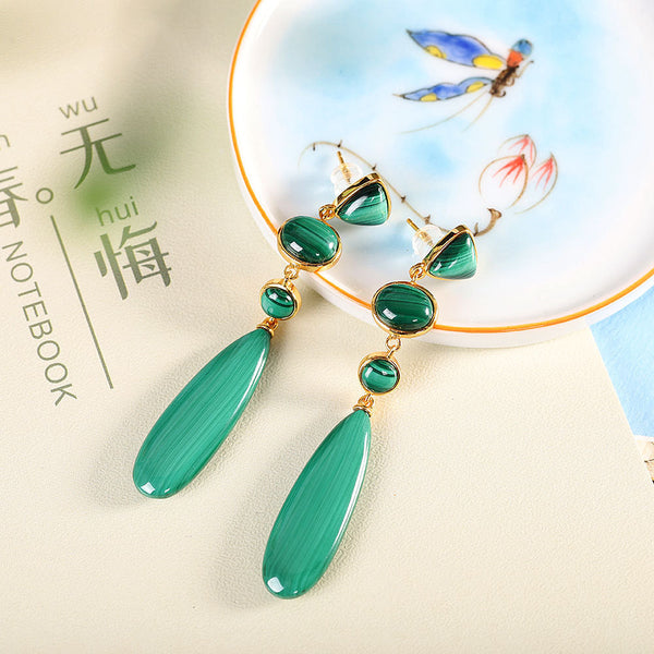 Earrings Slender Minimalist Women's Fashion With S925 Silver And Malachite