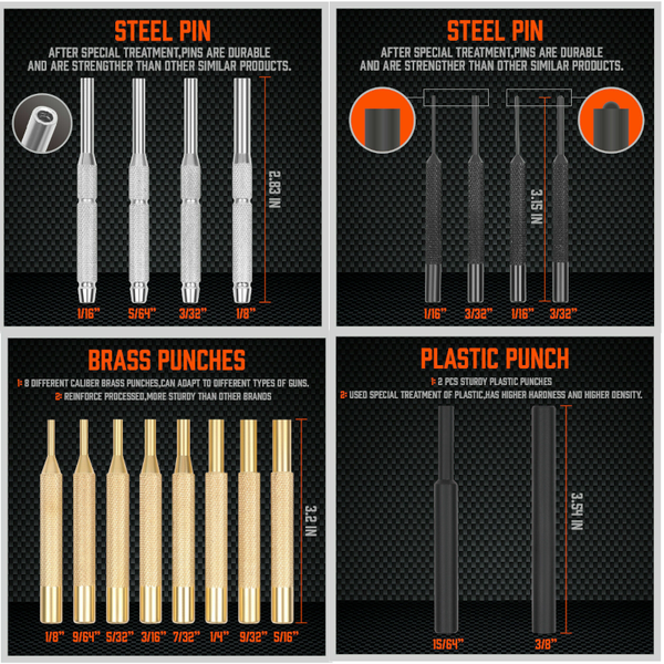 19Pc Hammer & Punch Set Brass / Roll Pin Gun Builder Gunsmith Maintenance