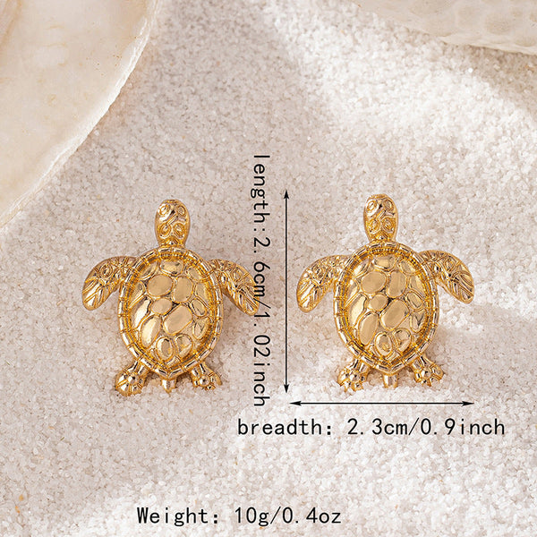 Earrings Bohemian Textured Gold Sea Turtle Metallic Animal Stud For Women