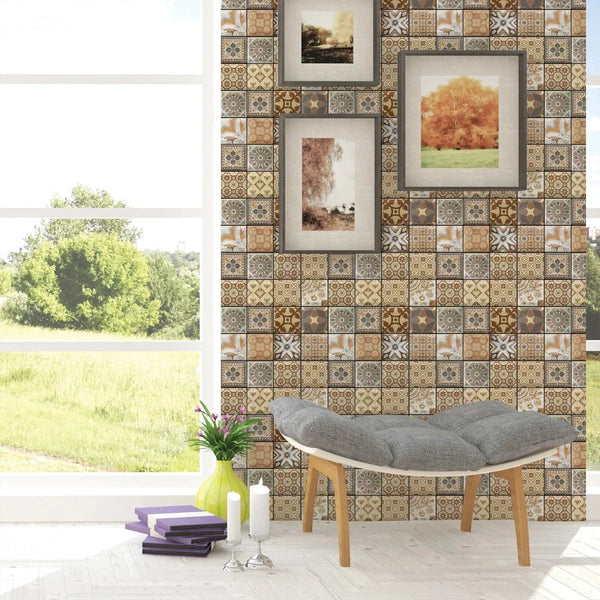 Wall Stickers 10 Pieces Vinyl Tile Self Adhesive Brown Stone Pattern Waterproof