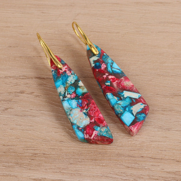 Earrings Geometric Flower Shape Pendant Copper Material Gold Hook Red Green