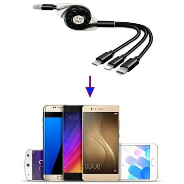 1M 3 In1 Retractable Fast Charger Cord Cable For Micro Usb / 8 Pin Type Black