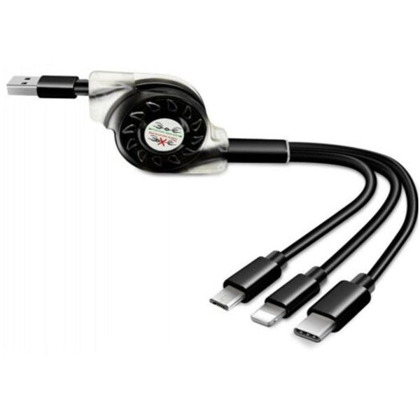 1M 3 In1 Retractable Fast Charger Cord Cable For Micro Usb / 8 Pin Type Black