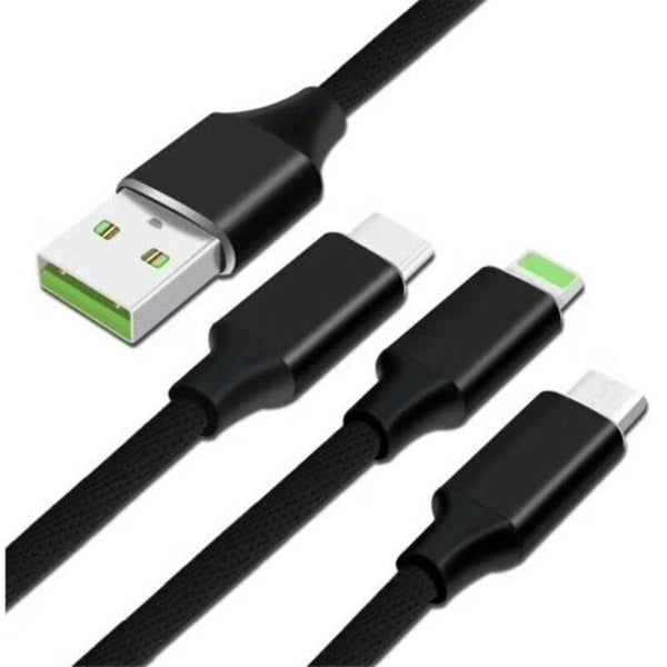 2.4A High Speed Nylon Fast Charging 3 In 1 Type 8 Pin Micro Usb Cable Black