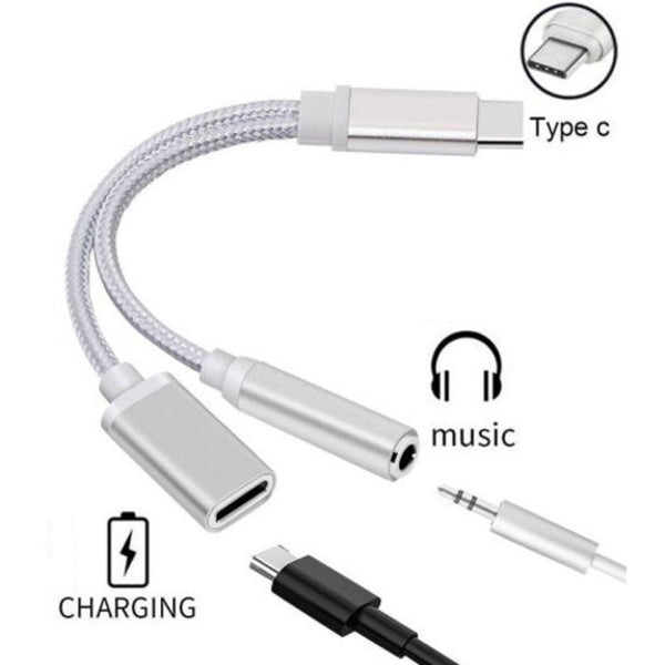 2 In 1 Nylon Braided Usb 3.1 Type C Charger And 3.5 Mm Audio Headphone Jack Adapter Cable Converter Silver
