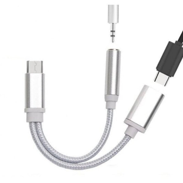 2 In 1 Nylon Braided Usb 3.1 Type C Charger And 3.5 Mm Audio Headphone Jack Adapter Cable Converter Silver