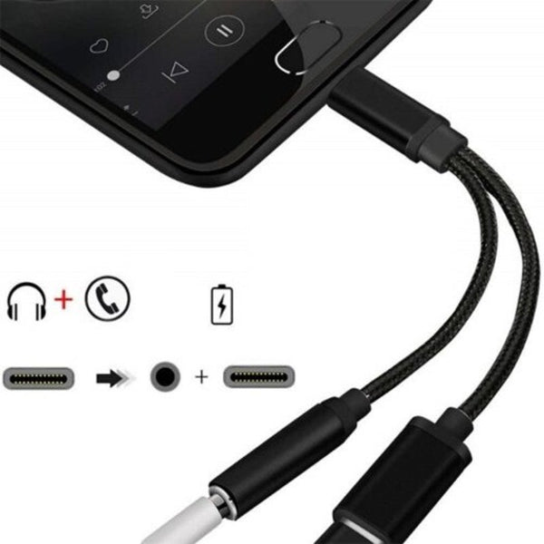 2 In 1 Usb 3.1 Type C Charger 3.5 Mm Audio Headphone Jack Adapter Cable Black