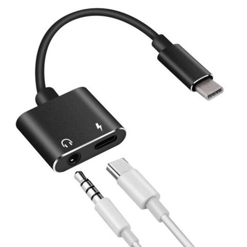 2 In 1 Usb Type C Adapter Charger Audio To 3.5Mm Jack Headphone Aux Converter Black