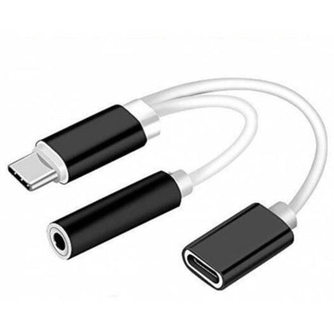 2 In 1 Usb Type C To 3.5Mm Headphone Audio Aux Jack / Chae Adapter Cable Black