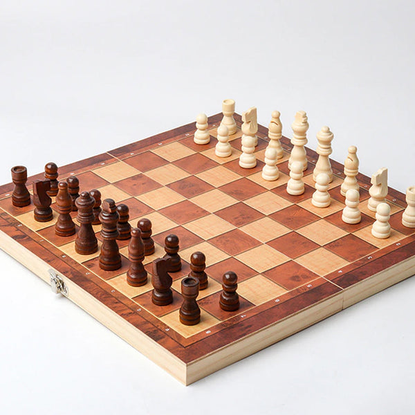 3-In-1 Large Folding Wooden Chessboard Checkers Gaming Set