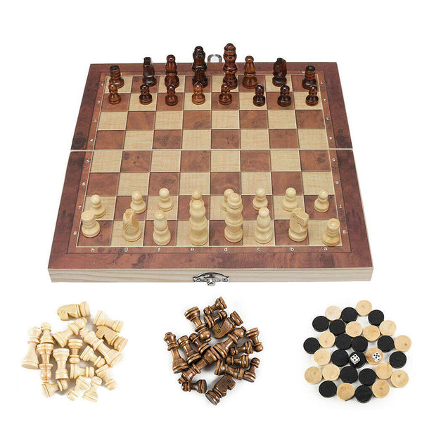 Contemporary Chess 3 In 1 Large Folding Wooden Chessboard Checkers Gaming Set