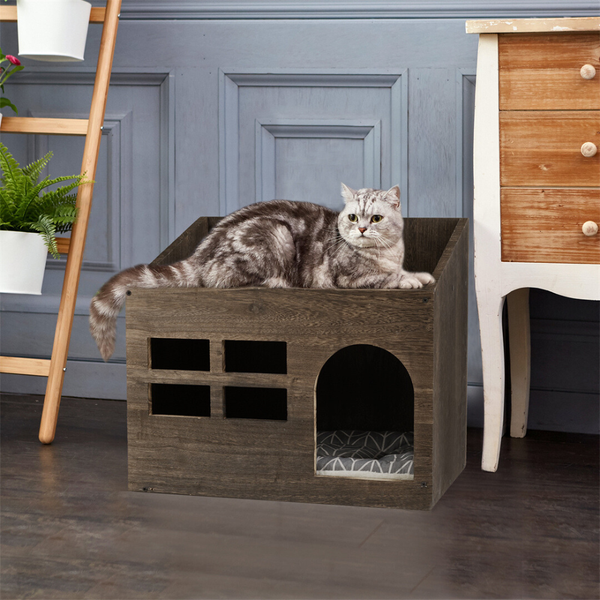 Pet Beds Cozy Wooden Cat Cave Bed With Cushion Pad And Litter Box