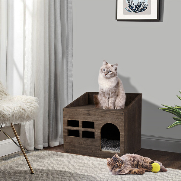 Pet Beds Cozy Wooden Cat Cave Bed With Cushion Pad And Litter Box