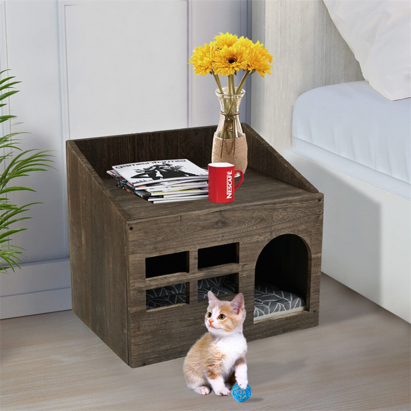 Pet Beds Cozy Wooden Cat Cave Bed With Cushion Pad And Litter Box