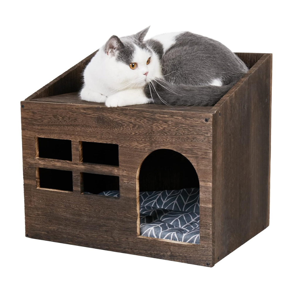 Pet Beds Cozy Wooden Cat Cave Bed With Cushion Pad And Litter Box