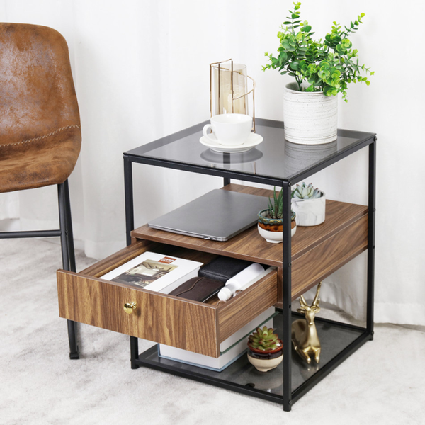 Side Tables Drawer 3 Tier Living Room Storage End Table