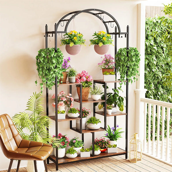 Garden Arches Extra Large Arched Metal Flower Shelf With Hanging Hooks