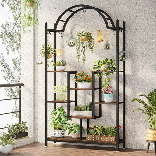 Garden Arches Extra Large Arched Metal Flower Shelf With Hanging Hooks