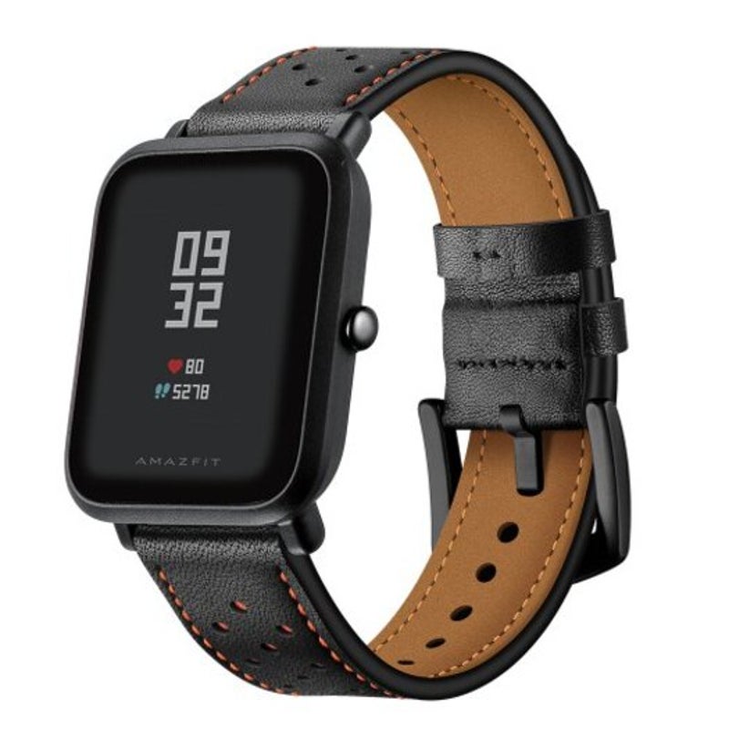 Watch Bands 20Mm Genuine Leather Wristband Bracelet Strap For Amazfit Bip Youth Black