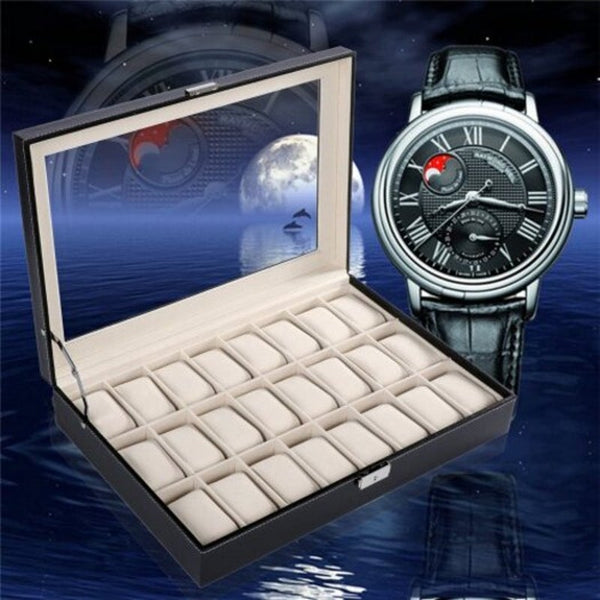 Boxes & Cases 24 Grids Pu Leather Watch Box With Transparent Glass Cover Black Jewelry Storage Case Organizer M Germany