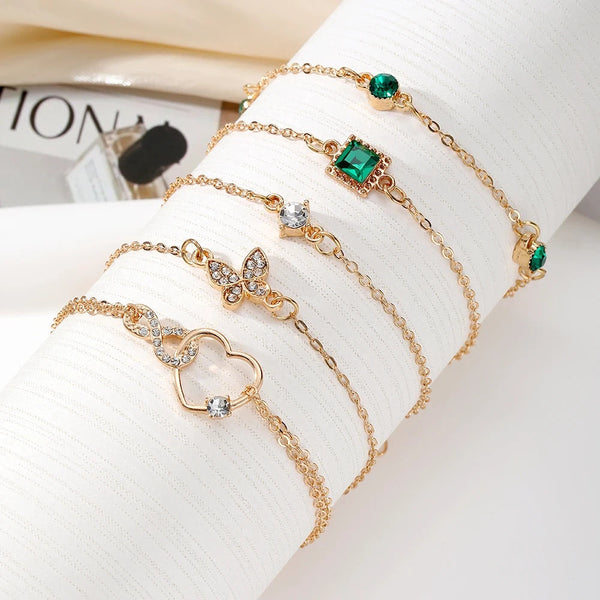 Bracelets Bohemian 5Pc Green Crystal Jewelry Set For Women Heart Wedding Engagement Fashion