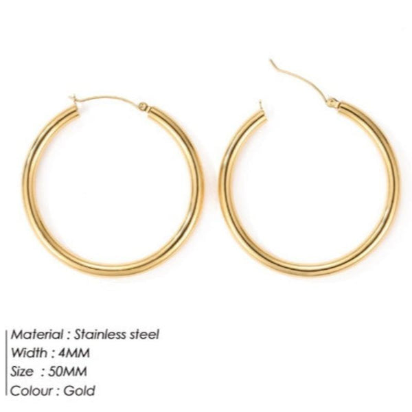 Earrings Broad Round Hoops In Gold Stainless Steel For Fashion Jewellery Collection