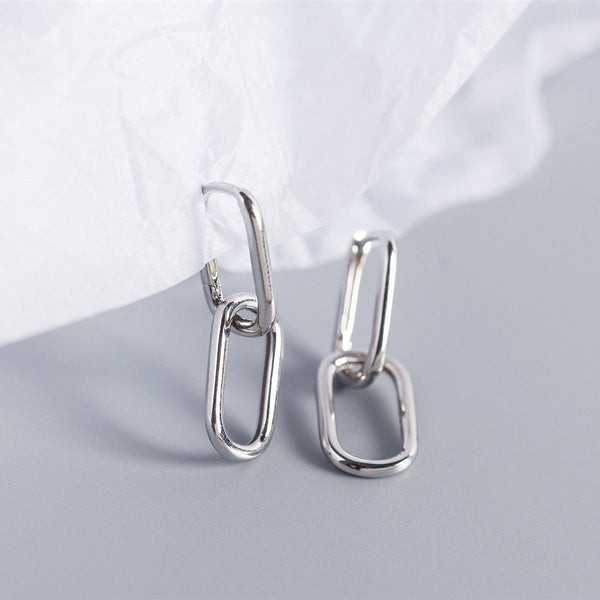 Earrings S925 Sterling Silver Geometric Square Paperclip Convertible Link Hoop