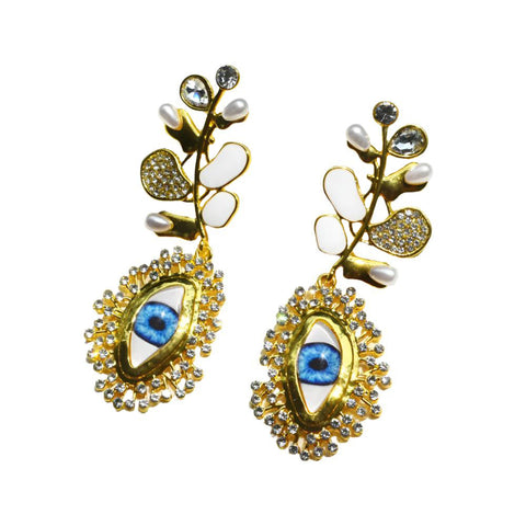 Earrings Diamond Leaf And Pearl Dangle With Eye Design For Women