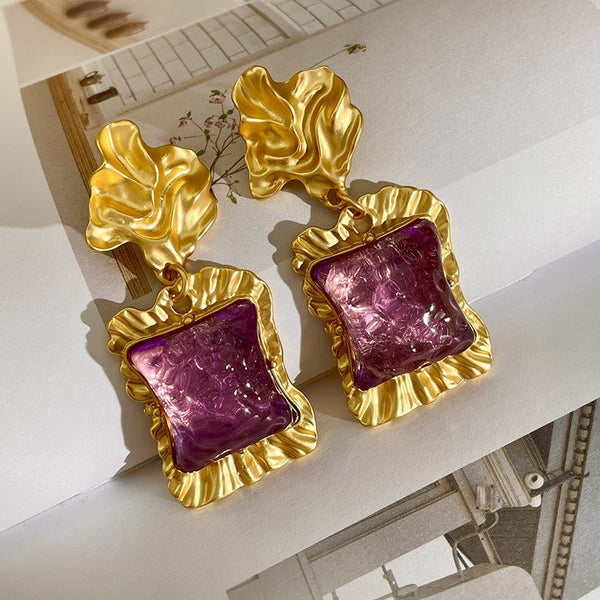 Earrings Lava Irregular Purple Square Glazed Crystal Retro Style