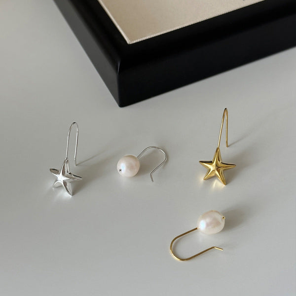 Earrings Retro Literary Natural Pearl Asymmetric Star Design Silver Needle