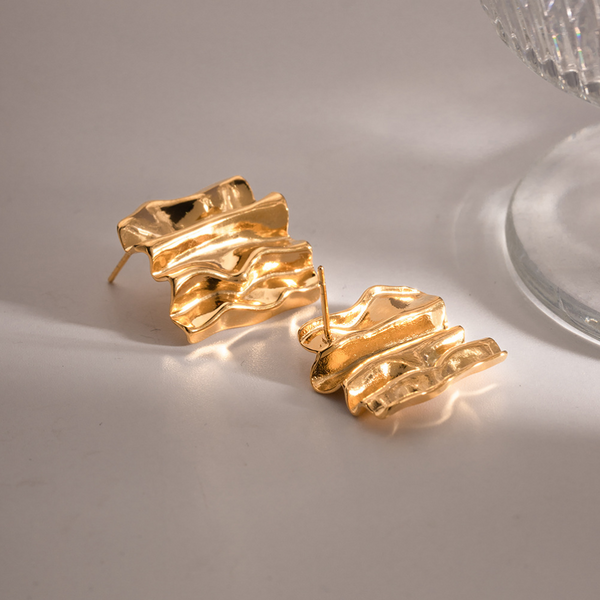 Earrings Rectangular Pleated Retro Personalized Exaggerated Golden Ripple